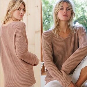 JENNI KAYNE Cotton Cabin Sweater in Rose V-Neck Shaker Knit XXS